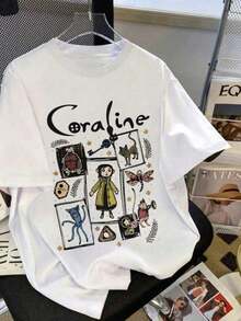 Women's Round Neck Cartoon Printed T-Shirt, Fashion Cartoon Printed Women's T-Shirt, Casual Short Sleeve T-Shirt, Promotion Women's Top, Comfort For All Seasons - 白色 - 查看 2