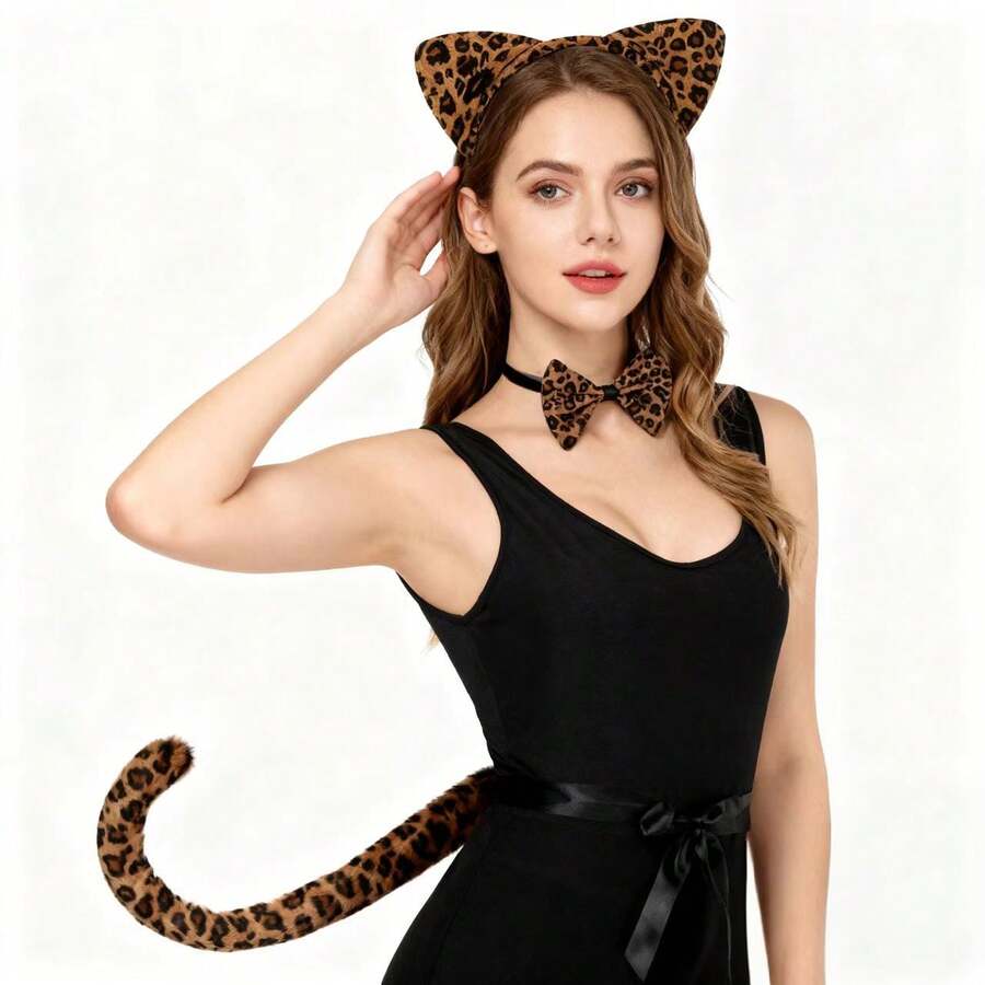 新款时尚表演动物头带，豹纹猫黑猫头带套装，个性化派对表演可爱蓬松豹猫耳朵头带组合 - 彩色 - 查看 1