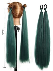 1-2pcs 26 Inch Deep Green DIY Braiding Hair Extensions | Women's Synthetic Yaki Straight Heat Resistant Fluffy Ponytail | Suitable For Halloween, Christmas, Holiday Parties - Dark Green - View 3