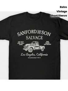 Camiseta gráfica de inspiración vintage para hombres Sanford & Sons - 100% algodón, ajuste regular, manga corta, diseño retro de camión y texto de Los Ángeles en negro, camiseta casual de verano para exteriores, camisetas vintage, atuendo casual, tela transpirable - Negro - Ver 8