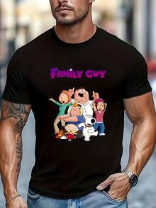 Camiseta gráfica casual para hombres "Family Guy" - Suave, transpirable, cómoda camiseta de cuello redondo con diseño de familia de dibujos animados - Lavable a máquina para deportes, ocio y atuendo casual - Negro - Ver 1