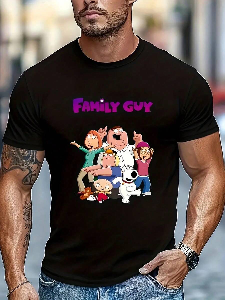 Camiseta gráfica casual para hombres "Family Guy" - Suave, transpirable, cómoda camiseta de cuello redondo con diseño de familia de dibujos animados - Lavable a máquina para deportes, ocio y atuendo casual - Negro - Ver 1
