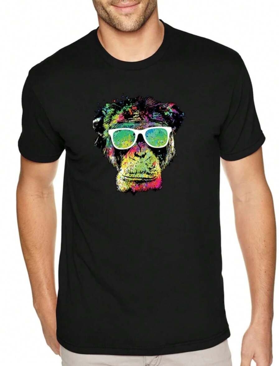 Men's Tee Neon Monkey Glasses Ape Chimp Chimpanzee Gorilla Primate Tie Dye Wild Animal Jungle Zoo African Crewneck T-Shirt - 黑色 - 查看 1