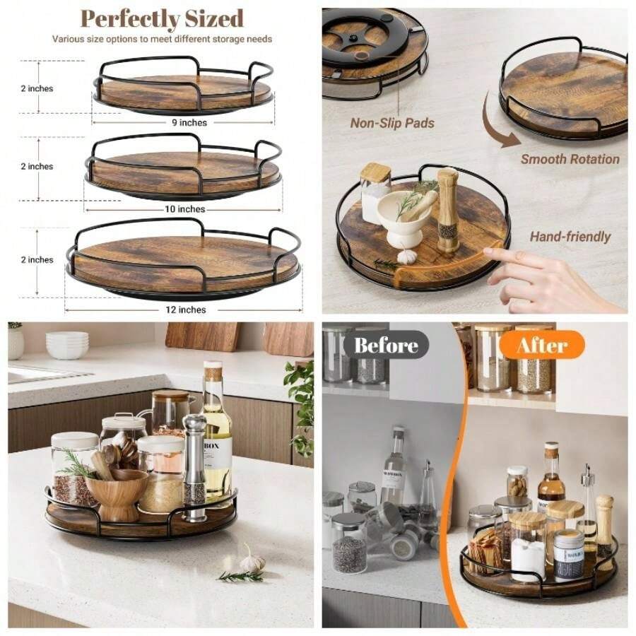 9 Lazy Susan Organizer Table Top Rotating Spice Rack Organizations Wood Lazy Susan Turntable Organizer Cabinet Kitchen Pantry Countertop Bathroom Vanity - 9" - Xem 1