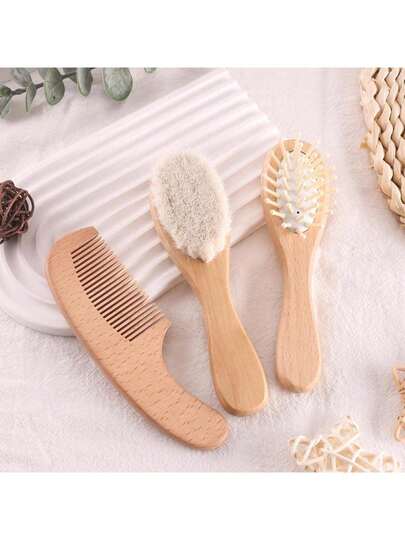 Set de 3 piezas de cepillo y peine para el cuidado del bebé - Cepillo para costra láctea, cepillo de masaje para el cabello, peine de madera, adecuado para niños pequeños, recién nacidos y bebés | Regalo para el registro de bebé