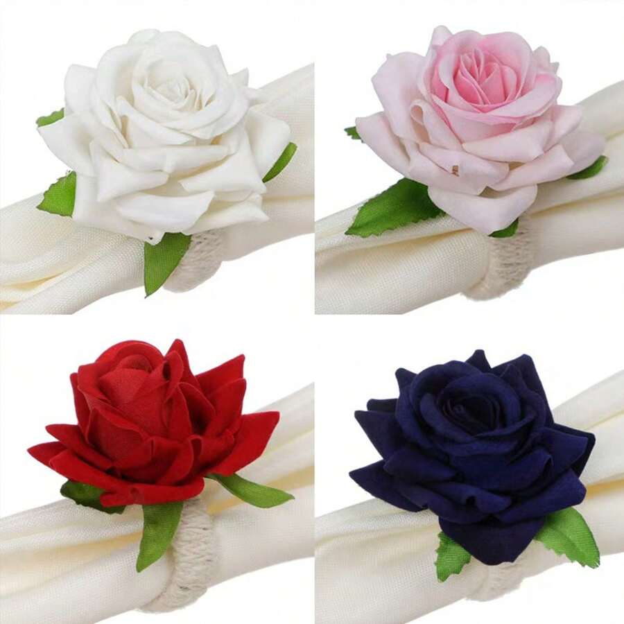 6pcs Champagne Rose Napkin Rings, Holiday Hotel Napkin Holders, Linen Rope Napkin Rings, Floral Napkin Rings - Multicolor - View 1