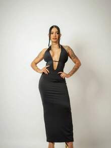 Vestido Longo Nina com Bojo Suplex, Decote Profundo Sexy e Amarrações nas Costas - Preto - Visão 2