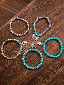 5pcs Bohemian Elastic Handmade Beaded Bracelet Set, Classic Cactus, Cowboy Hat, Butterfly, Bull Head Pendant Fashion Bracelets, Perfect Gift For Party, Festival, Music Event, Unisex