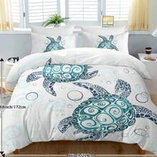 Aqua Teal Blue Duvet Cover Set, Sea Turtle Beach Theme 3-Piece Bedding Set With 2 Pillow Shams - Multicolor - View 4