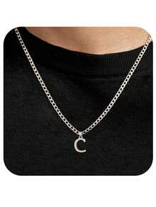 1 pièce Chaîne cubaine en acier inoxydable avec 26 lettres de l'alphabet anglais, collier pendentif avec lettre de A à Z, personnalisé, convient pour le port quotidien des hommes ou en cadeau - Acier - Voir 5
