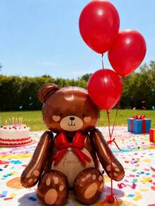 Brown Teddy Bear Foil Balloon With Colorful Bow Tie, Paired With Red Latex Balloons And Red Heart Shapes. Cute Sitting Pose Design, Suitable For Valentine's Day, Birthday, Wedding, Anniversary, Theme Events, Engagement, Home Decor, Photo Props, Party Decorations - Multicolor - View 6