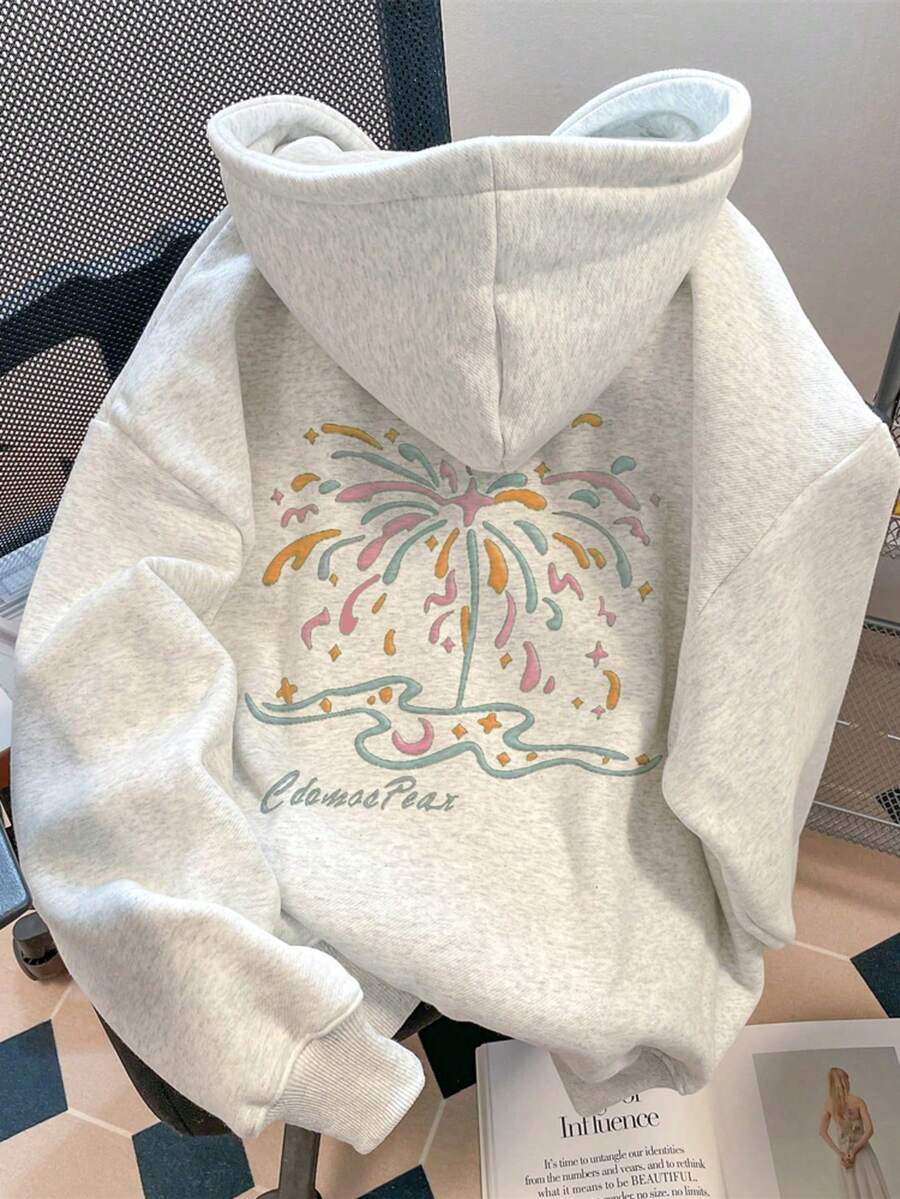 Girls' Firework Print Hooded Sweatshirt, Teenager Girls' Autumn Clothing, Tween Girl Girls' Hoodies, Girls' Hooded Jacket, Girls' Winter Wear, 8-12 Years - 淺灰色 - 查看 1