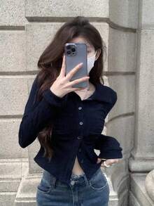 女式纯色单排扣长袖罗纹休闲 T 恤，春夏 - 藏蓝色 - 查看 3