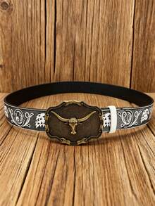 1pc Unisex Vintage Western Cowboy Style Carved Bull Head Print Belt, Suitable For Jeans, Cargo Pants, Party, Holiday Gift