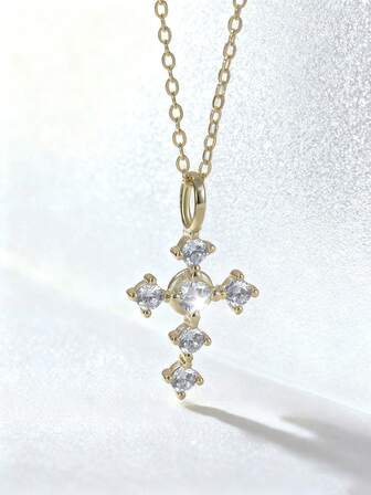1 Piece Genuine 925 Sterling Silver 14k Gold Cross Shaped Zirconia Pendant Necklace Religious Jewelry For Women, Men's Necklace Festival And Casual Wearing 2025 Vintage Necklace