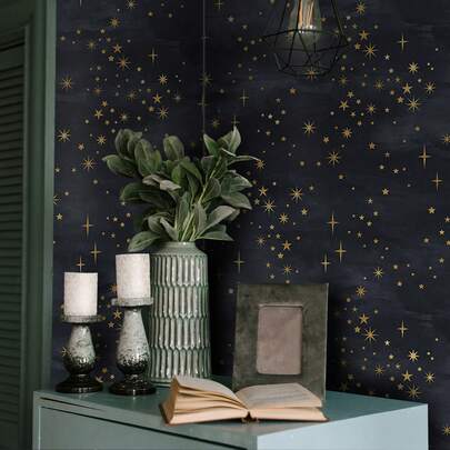 [ 2025 New Edition ] 1 Piece Of Thickened Starry Night Wallpaper Roll -17.7x118.1 Inches, Detachable Waterproof Self-Adhesive Wallpaper, Deep Blue With Golden Stars, Very Suitable For Bedroom, Living Room, Dining Room And Furniture Renovation, Bedroom Decoration