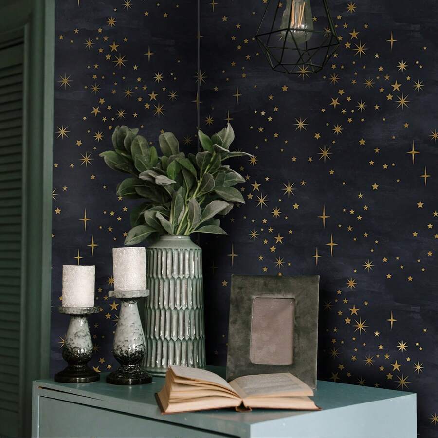 [ 2025 New Edition ] 1 Piece Of Thickened Starry Night Wallpaper Roll -17.7x118.1 Inches, Detachable Waterproof Self-Adhesive Wallpaper, Deep Blue With Golden Stars, Very Suitable For Bedroom, Living Room, Dining Room And Furniture Renovation, Bedroom Decoration - 彩色 - 查看 1