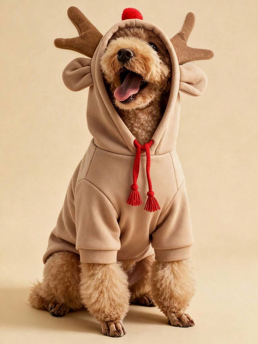 1 件宠物驯鹿变形狗/猫运动衫，羊毛连帽宠物服装，适合小型/中型犬，秋冬，圣诞节，圣诞装饰 - 彩色 - 查看 1