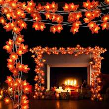 1Pack Artificial Fall Garland With Lights Fall Decorations For Home Maples Leafed Fall Lights Wall Hing Autumu Harvest Thanksgiving Halloween Christmas Decor Indoor Outdoor Home Party Decor Home Decor Halloween Decor Room Decor