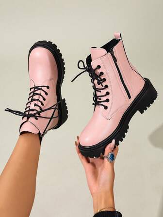 2025 Winter New Women's Shoes, Warm Winter Women Boots, Fashion Versatile Casual Women Shoes, Leather Ankle Boots, Black & White Short Boots, Lace-Up Side Zipper Women Boots, Thick-Soled Women Boots, Lace-Up Side Zipper Women Ankle & Short Boots, Women's Fashion Boots, Motorcycle Boots, Boots, Light Pink Boots