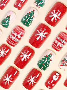 Elevate Your Style With 24pcs Press On Nails Medium Square Cute Christmas Tree Cute North Star Cane Candy Snowflake Full Coverage Fake Nails For Women And Girls Includes 1sheet Adhesive Tabs & 1pc Mini Files Suitable For Christmas Party Date And Office Daily Wear False Nails Jelly Glue Is Randomly Shipped