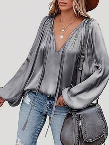 Elegant Women's Shirt, Loose V-Neck Faux Silk Satin Shirt, Balloon Sleeves And Ruched - 灰色 - 查看 13