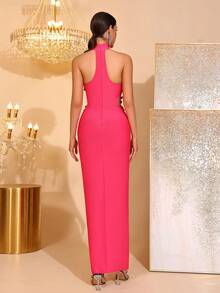 全新时尚 3D 花卉性感立领无袖镂空露背高开衩绷带长裙，优雅女士正式晚礼服，适合婚礼、派对、节日 - 玫紅色 - 查看 7