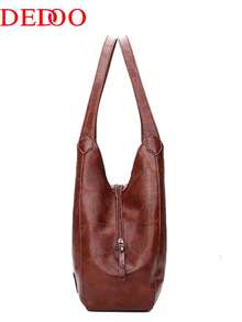 Dedoo Women's Bucket Shoulder Tote Bag Simple Stylish Large Capacity Tote Bag Soft Faux Leather Shoulder Bag Zipper Handbag - Brown - View 3