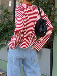 Casual Commute Daily Drop Shoulder Loose Striped Top - Red and White - View 7