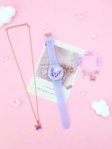 Juego de 3 piezas de relojes de mariposa para niñas - Reloj de cuarzo LED con luz brillante, correa de silicona suave, pulsera con cuentas y collar, regalo de cumpleaños, Navidad y vuelta al colegio para niñas de 3 a 14 años, color morado