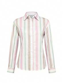 Camisa Elegante de Mulher JOVI SHEEN com Listras Arco-Íris de Dopamina, Camisa Casual de Mulher com Design Decotado nas Costas, Camisa de Mulher com Listras, Gola de Botão e Manga Longa, Camisa de Escritório para Mulher, Camisa Feminina Adequada para Férias de Outono