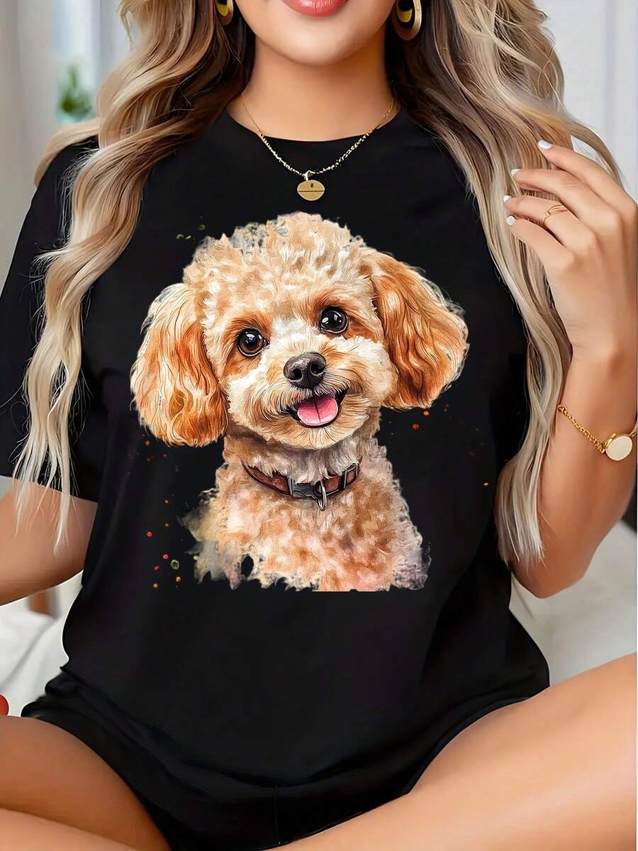 Cute Poodle Dog Portrait Graphic Shirt For Women Pet Lover Gift Casual Wear, 220g - 黑色 - 查看 1