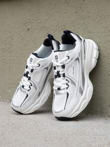 baasploa 2025冬季新款女式厚底运动鞋网面跑步鞋加厚增高运动鞋轻便休闲鞋复古鞋减震防滑耐磨软底步行鞋女鞋时尚百搭跑步训练鞋，厚底运动鞋，复古拼接 - 白色 - 查看 6