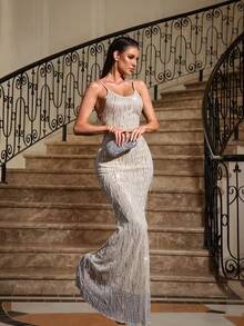 Women's High-Quality Elegant Solid Color Tassel Sequin Dress, Fashionable Minimalist Spaghetti Strap Backless Mermaid Hem Fitted Long Dress, Suitable For Banquet, Party, Festival, Evening, Wedding Guest, Autumn
