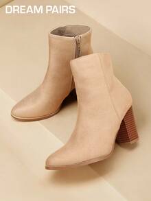 Women's Fashionable Sand Suede High Chunky Block Heel Ankle Booties Side Zipper Almond Toe Short Bootie Pumps - Camel - View 1