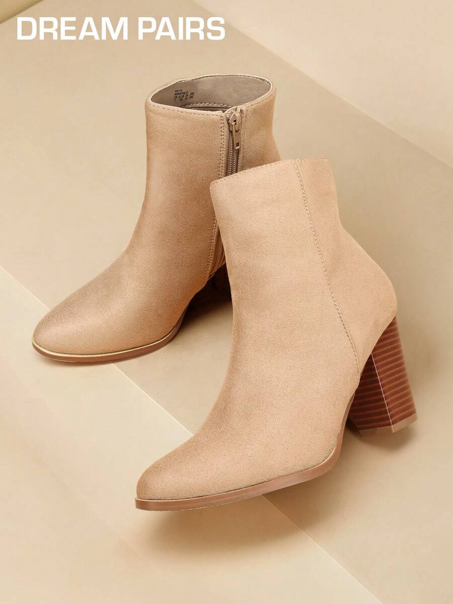 Women's Fashionable Sand Suede High Chunky Block Heel Ankle Booties Side Zipper Almond Toe Short Bootie Pumps - Camel - View 1