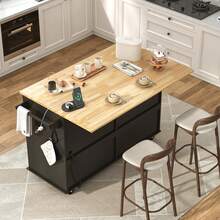 Rolling Kitchen Island With Drop Leaf – Movable Kitchen Carts On Wheels Island With Storage Cabinet, Island Table For Kitchen With Rubber Wood Top And Rack And Drawers - View 6