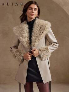 Áo khoác Aliao thắt eo, cổ lông giả, phối da, ấm áp, áo khoác mùa đông, trang phục mùa đông dành cho nữ, váy thanh lịch, cần thiết cho mùa cưới, phù hợp cho các bữa tối trang trọng, họp mặt gia đình, sự kiện tựu trường, phong cách cung đình. - Màu be - Xem 5