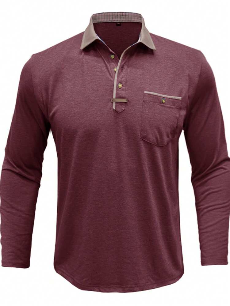 Plus Size Men's Long Sleeve Polo Shirt, Fashionable Turndown Collar Pocket Henley Top - Red - View 2
