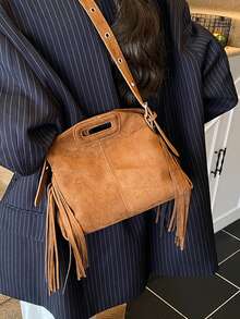 Túi đeo chéo da thời trang cổ điển, túi đeo vai phong cách Boho, túi đeo chéo tua rua đinh tán vuông trang trí, túi đeo chéo thông thường cho du lịch và hàng ngày, túi đeo chéo công sở di động, túi đeo chéo Hobo tua rua, túi xách nhỏ - màu nâu - Xem 3