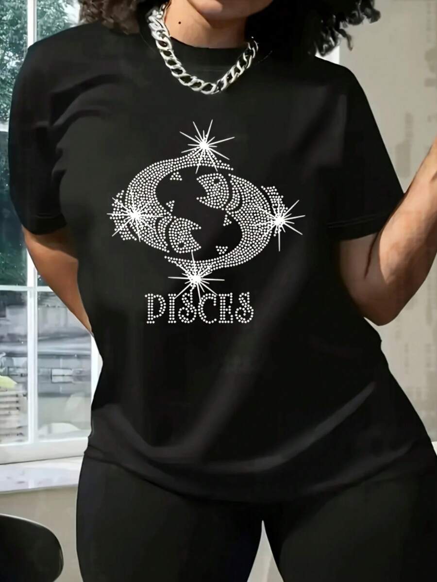 Women's Pisces Zodiac Graphic T-Shirt - Black Stretchy Polyester-Spandex Blend Casual Tee With Astrology Constellation Print, Round Neck Short Sleeve, Machine Washable For Spring Summer Fall - 黑色 - 查看 1