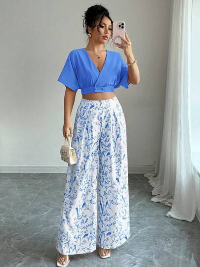 Set de 2 piezas de Blusa de mujer de cuello en V de manga corta con botones y pantalones de cintura alta y pierna ancha para verano