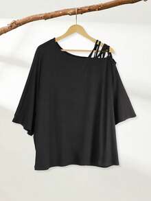 Plus Women's Cold Shoulder Bell Sleeve Top - Black - View 4
