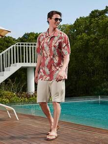 Men's Silk Hawaiian Floral Shirts Short Sleeve Button Down Casual Tropical Holiday Beach Shirtshalloween - Đỏ nhạt - Xem 2