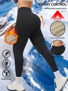 1 件秋冬保暖瑜伽裤，修身腰部休闲瑜伽运动紧身裤，3/4 长度 - 黑色 - 查看 2