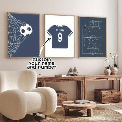 3 Stücke/Set Fußball Trikot Leinwand bedruckte Poster mit personalisierten Namen und Nummern, perfektes Geschenk für Sportfans, Schlafzimmer, Wohnzimmer oder Büro Dekoration, rahmenlose Poster Wanddekoration