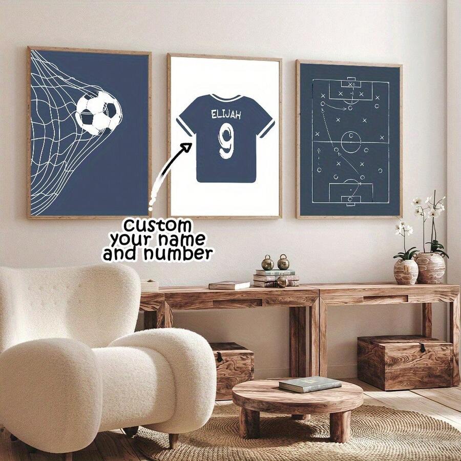 3pcs Set Customized Football Jersey Canvas Print Poster, Personalized Name And Number, Perfect Gift For Sports Fans, Also Suitable For Bedroom, Living Room Or Home Office Decor, Unframed Wall Art, Birthday Gift - Color - View 1