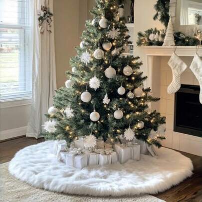 1 PIEZA Falda de árbol de Navidad redonda de piel sintética blanca de lujo, alfombra decorativa de 48 pulgadas con textura suave y esponjosa - Perfecta para fiestas navideñas, decoración del hogar, base del árbol de Navidad y decoraciones navideñas