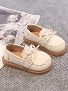 1 Pair Beige Bow Decor Cute & Fashionable Pearl Design Soft Bottom Non-Slip Flat Baby/Toddler Shoes, Suitable For Spring, Summer, Autumn And Winter - Beige - View 3