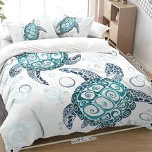 Aqua Teal Blue Duvet Cover Set, Sea Turtle Beach Theme 3-Piece Bedding Set With 2 Pillow Shams - Multicolor - View 10
